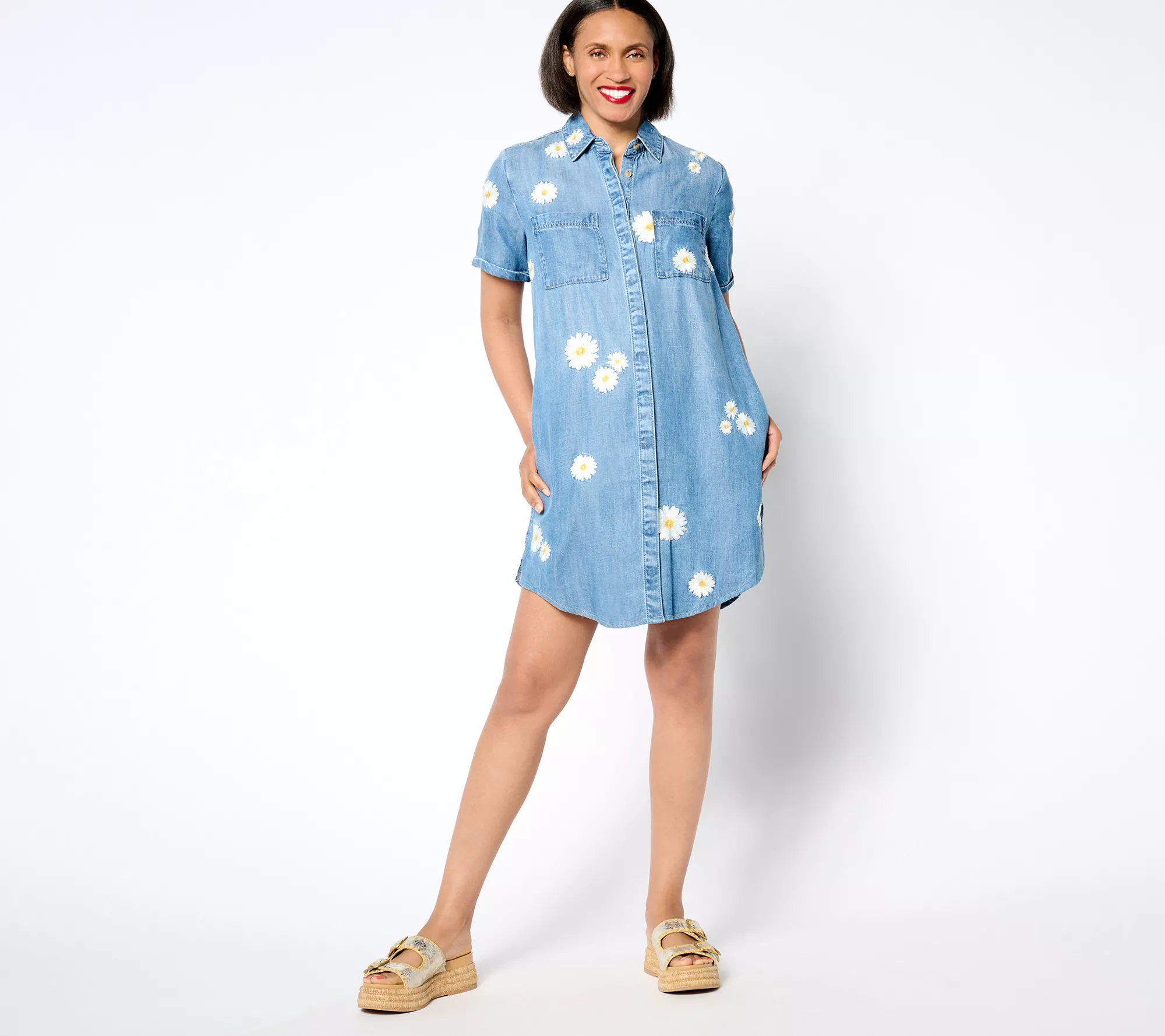 "As Is" Driftwood Jeans Embroidered Short Sleeve Mabel Dress