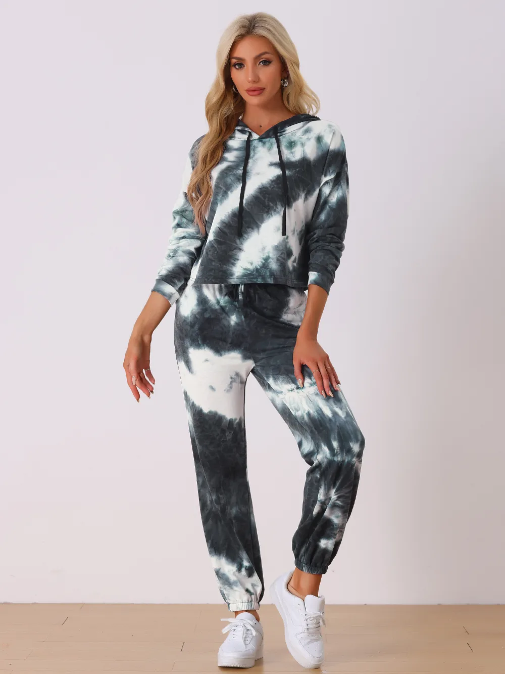 Allegra K - Tie Dye Pullover Hoodie Jogging Tracksuit