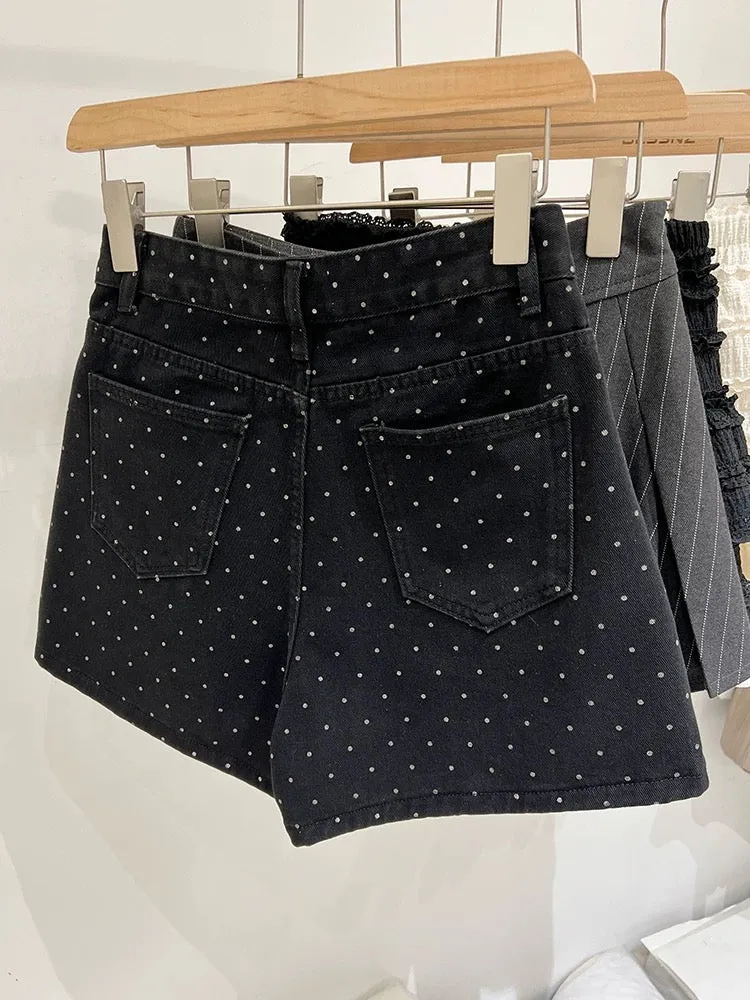 Black polka-dot denim shorts for women summer 2024 new style small high-waisted loose wide-leg hip-hugging hot pants