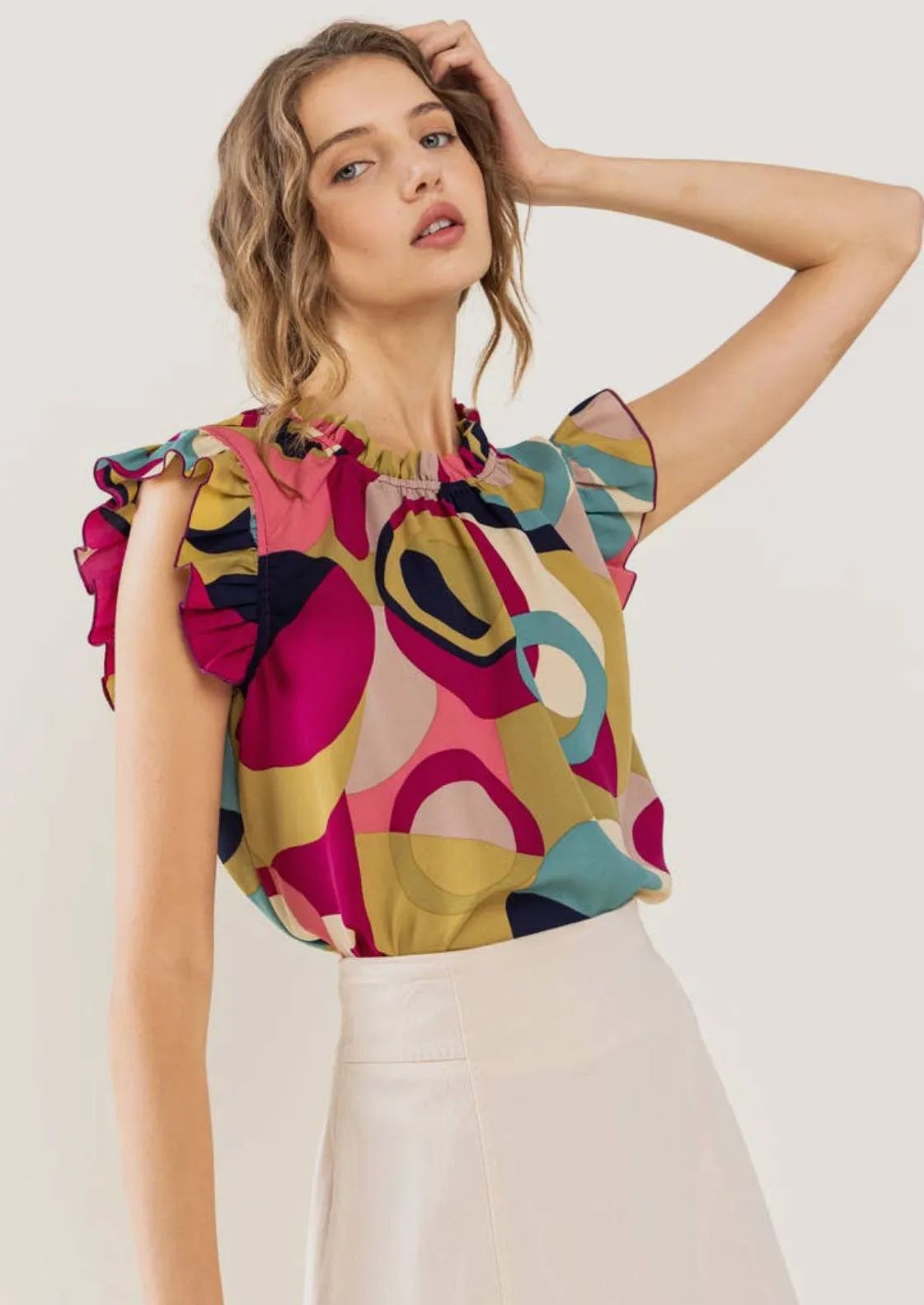 Ces Femme Graphic Print Ruffle Neck Sleeveless Top