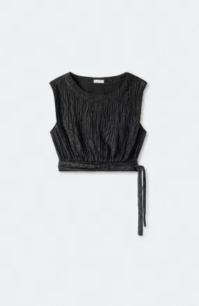 Crinkle Sleeveless Crop Top - Black