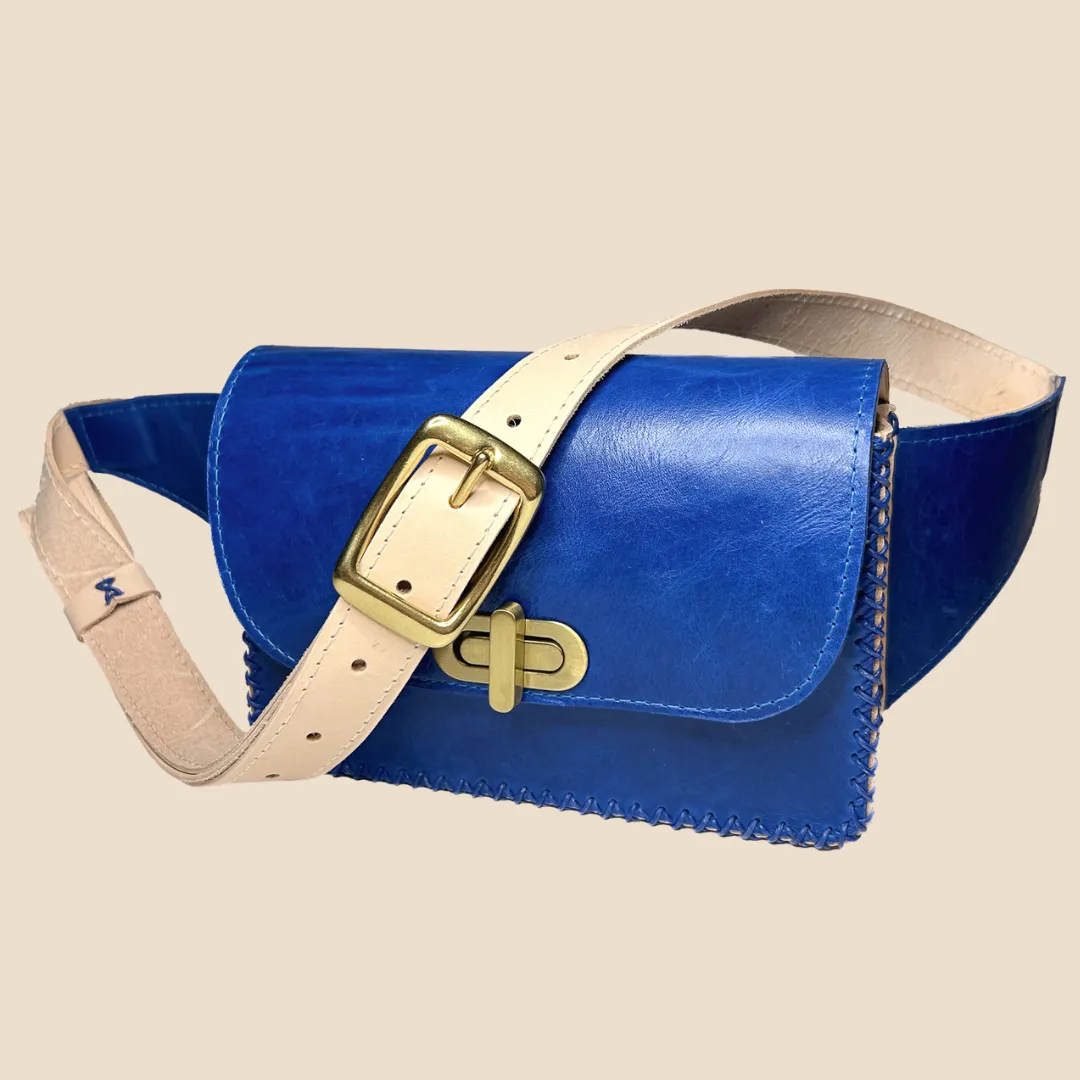 cross your heart bag in cobalt blue