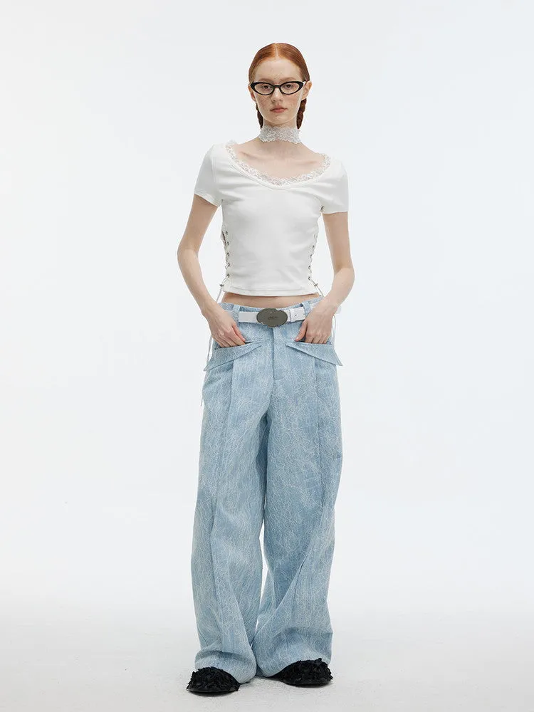 Denim Embroidery Flower Wide-Leg Casual Pants