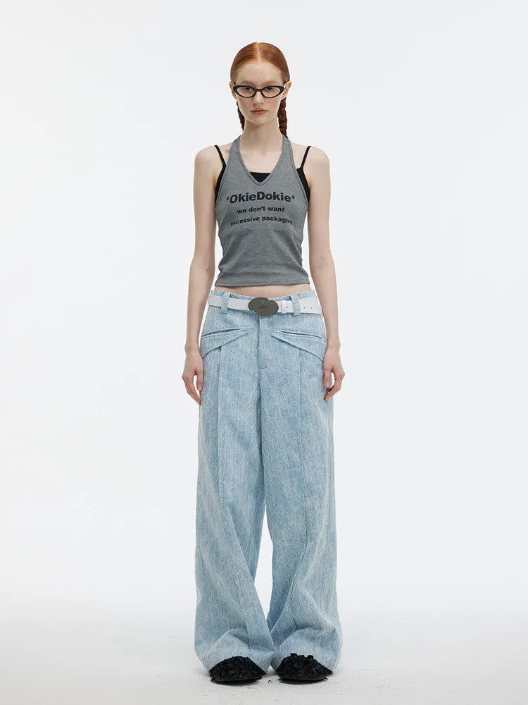 Denim Embroidery Flower Wide-Leg Casual Pants