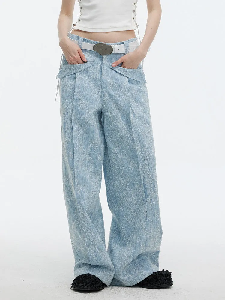 Denim Embroidery Flower Wide-Leg Casual Pants