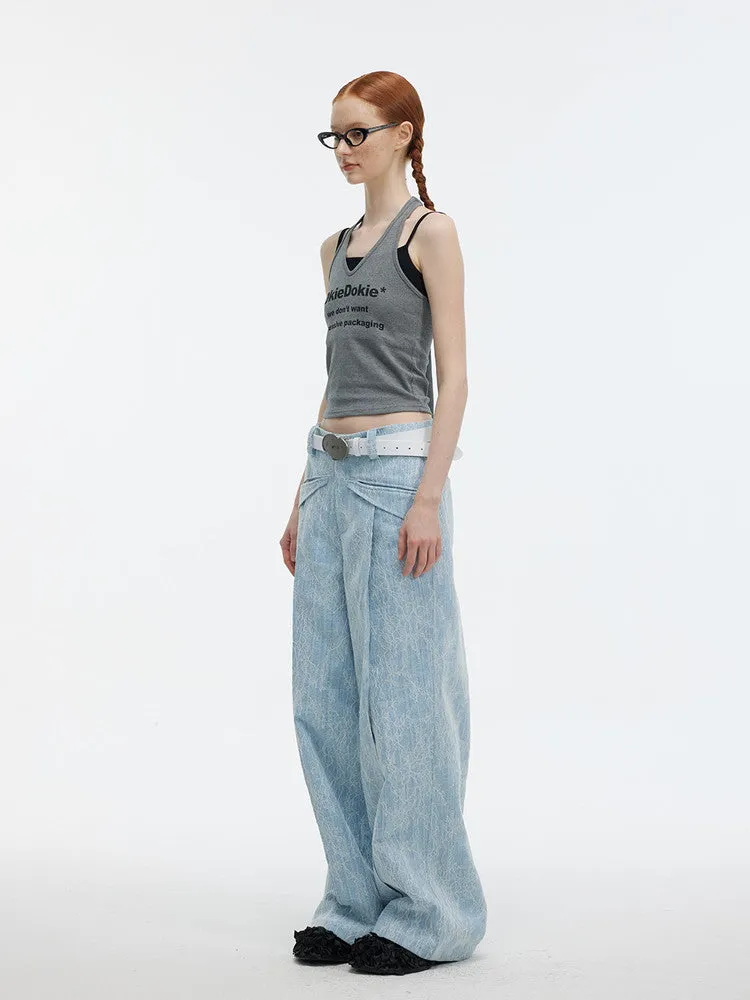 Denim Embroidery Flower Wide-Leg Casual Pants