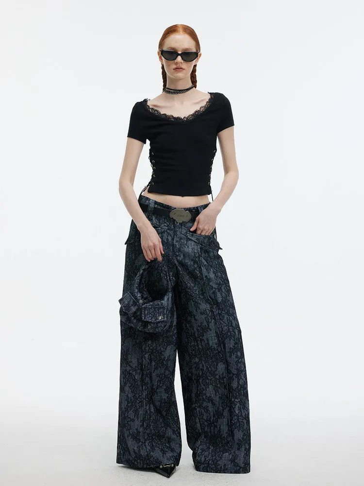 Denim Embroidery Flower Wide-Leg Casual Pants