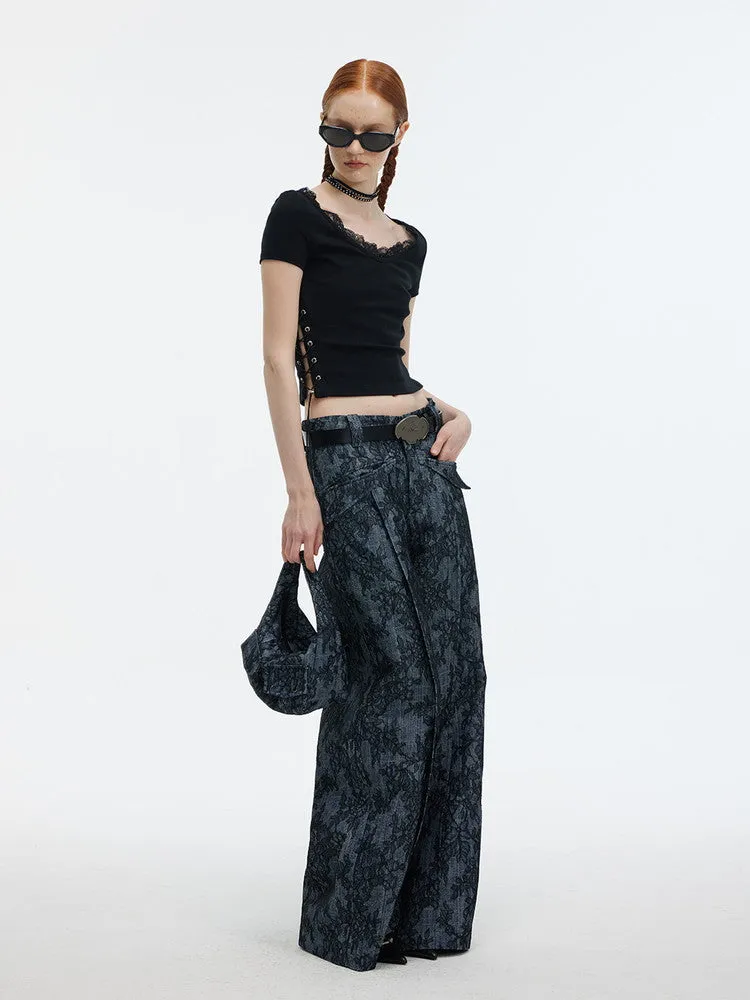 Denim Embroidery Flower Wide-Leg Casual Pants