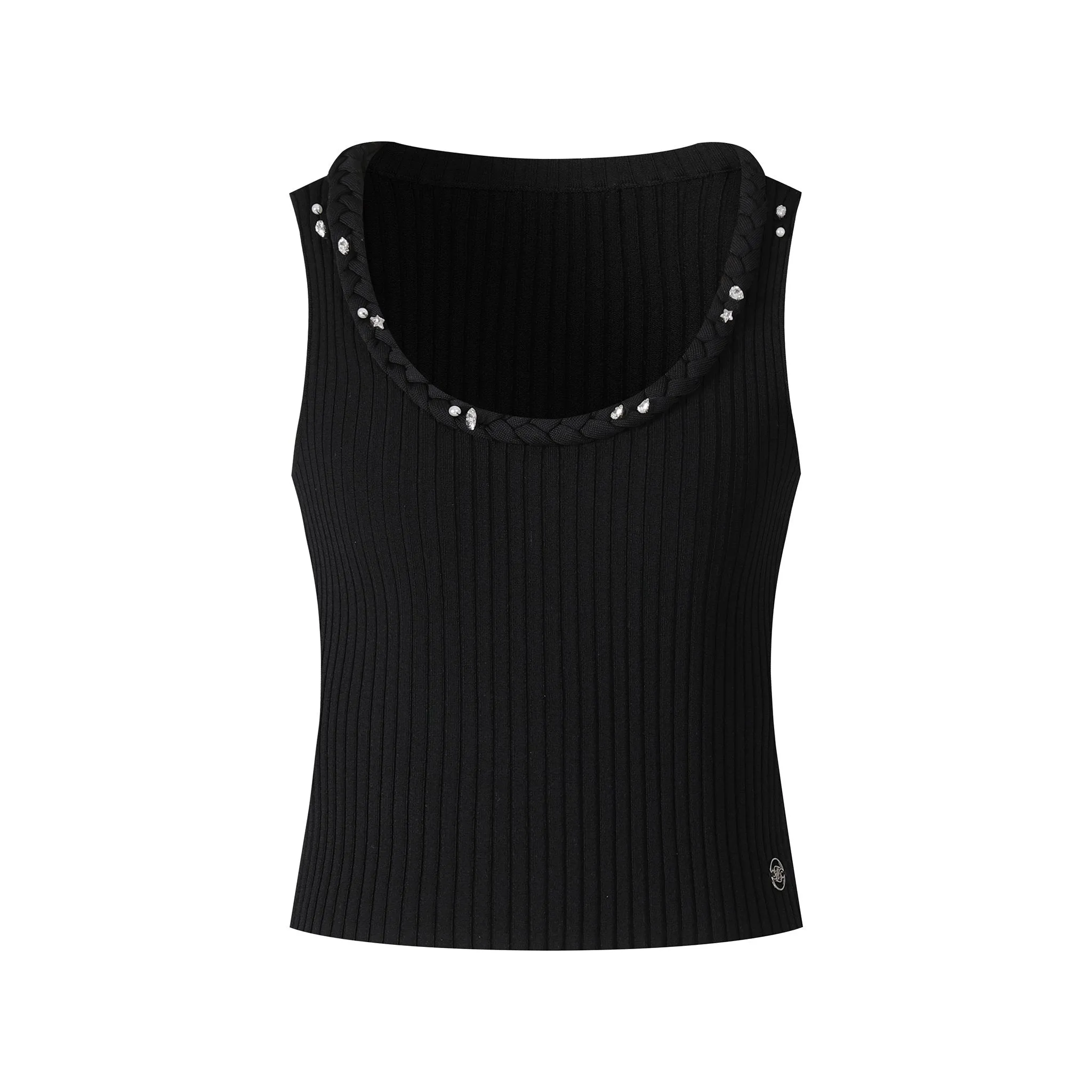 Hand Knit Sewn Rhinestone Sleeveless Short Top-