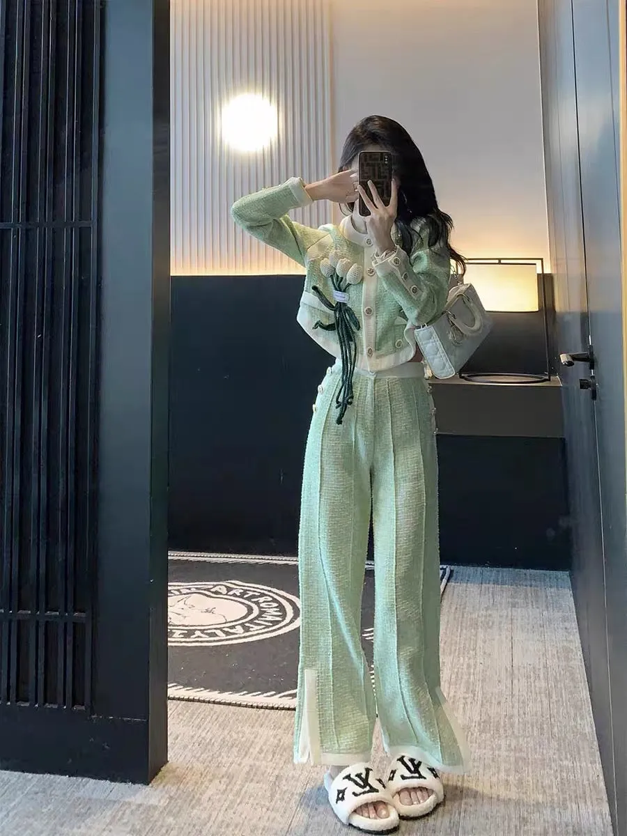 High-end small fragrance suit for women spring and autumn 2023 new fashion lady temperament high-end wide-leg pants two-piece se