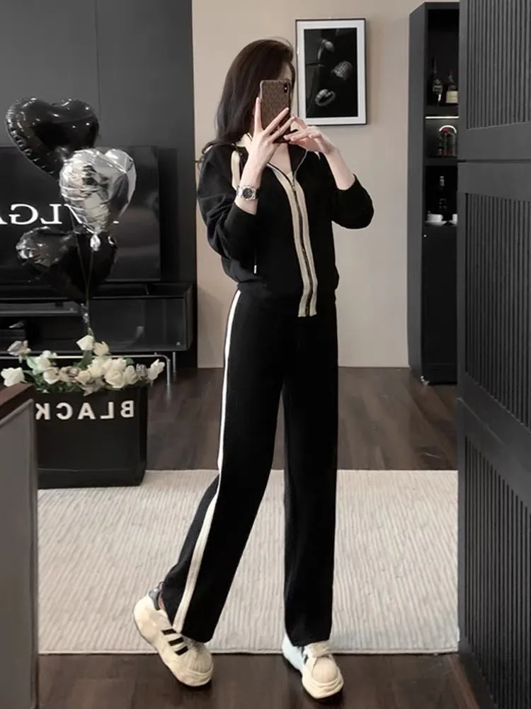 High-end streetwear sweatshirt suit for women in autumn, slimming and covering the flesh, fashionable casual sports wide-leg pan