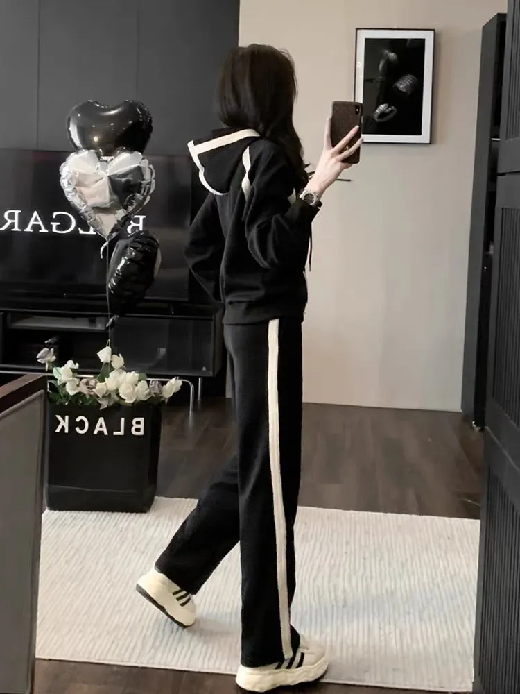 High-end streetwear sweatshirt suit for women in autumn, slimming and covering the flesh, fashionable casual sports wide-leg pan