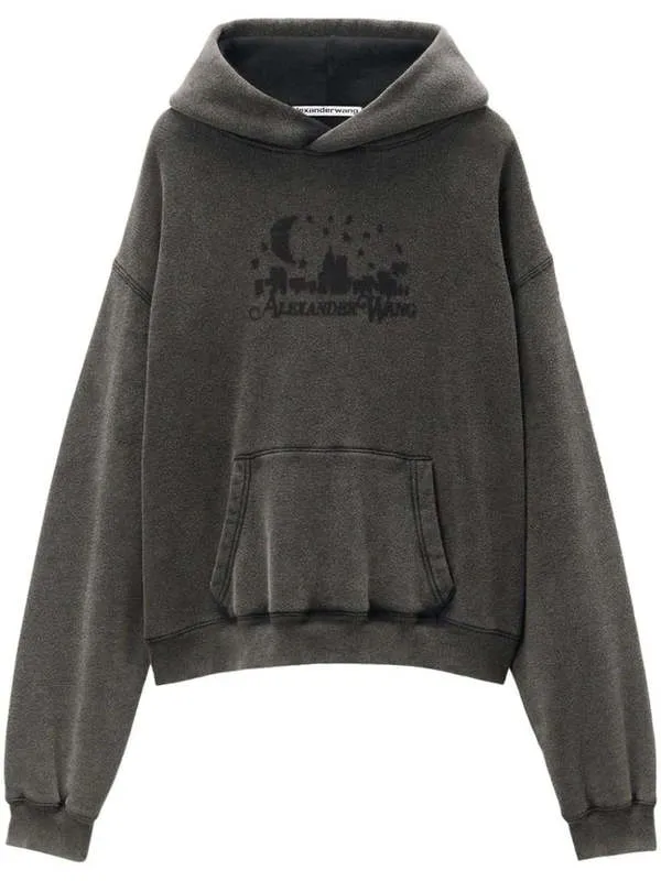 Hoodie With Distressed Skyline Logo Graphic - Washed Charcoal