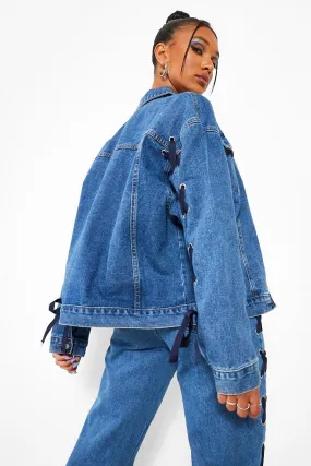 Lace Up Sleeve Detail Oversized Denim Jacket