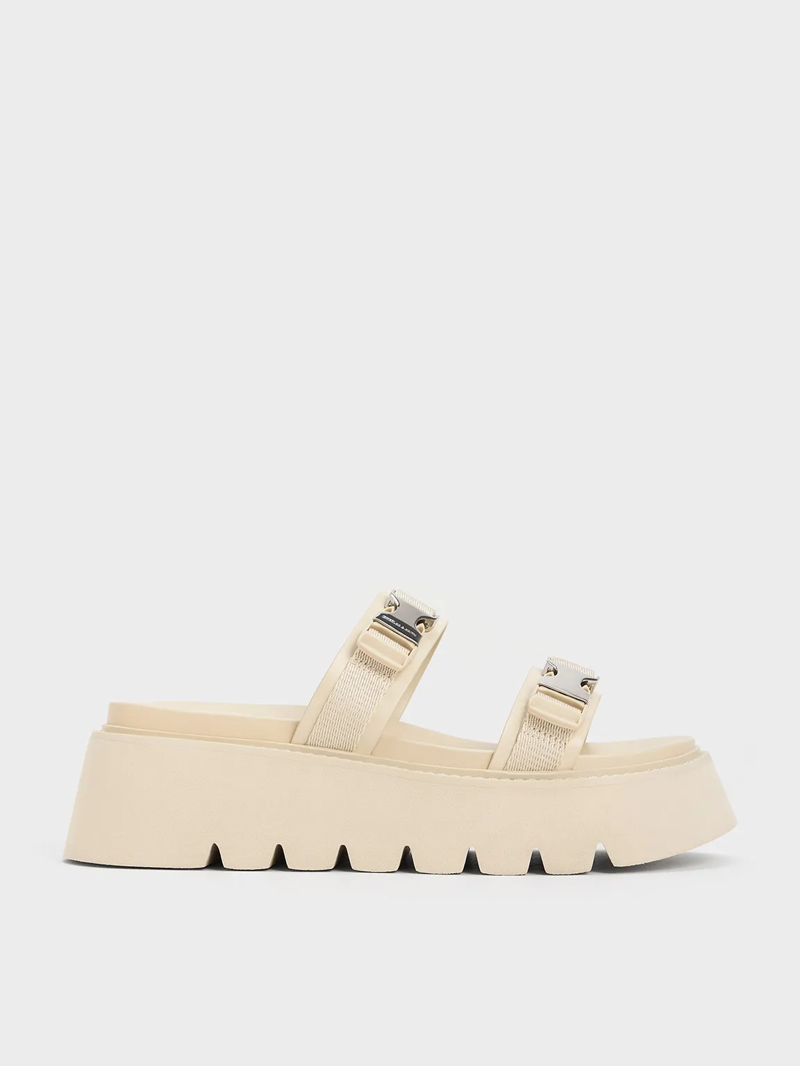 Laine Metallic-Buckle Flatform Sandals - Beige