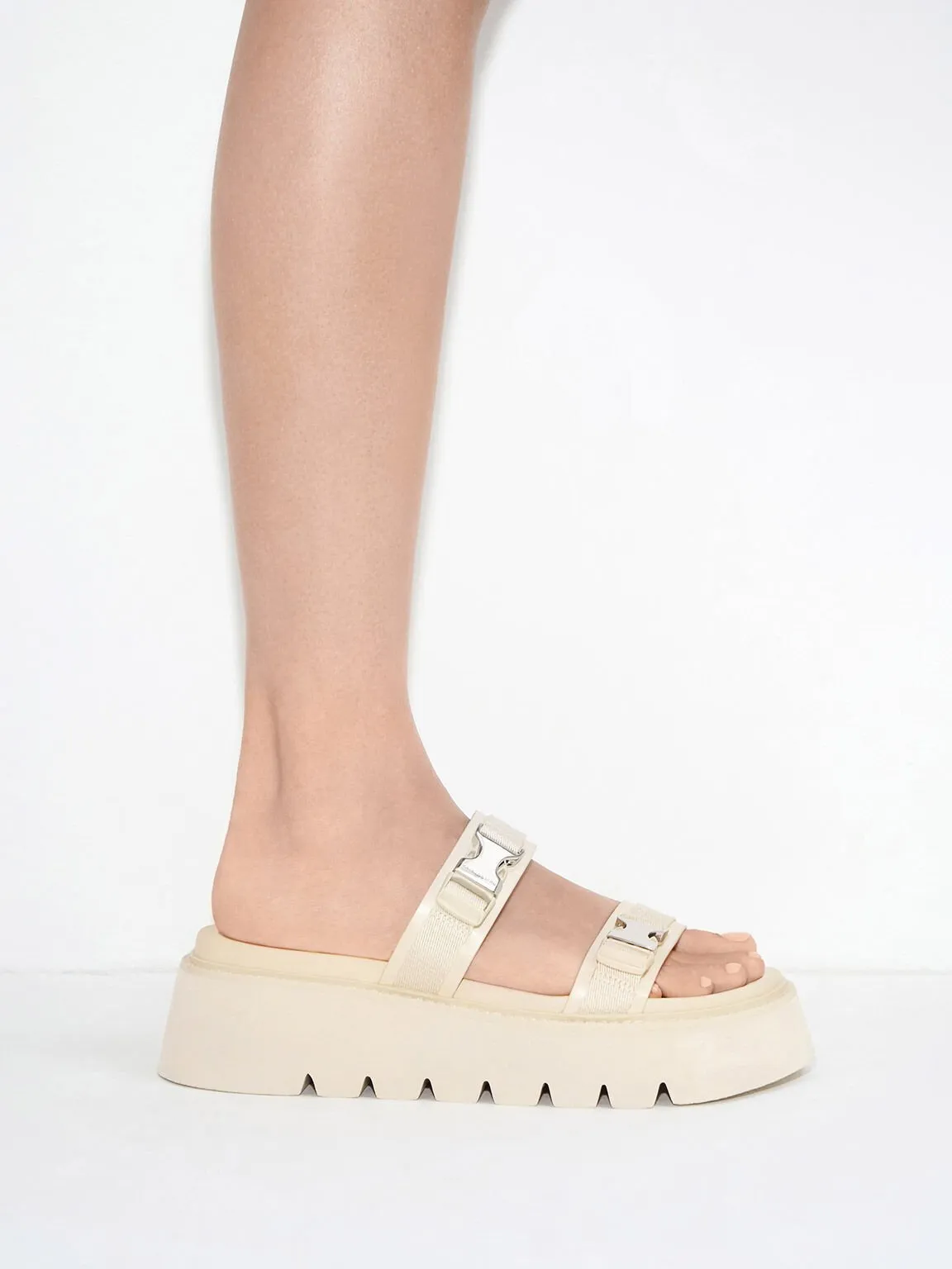 Laine Metallic-Buckle Flatform Sandals - Beige