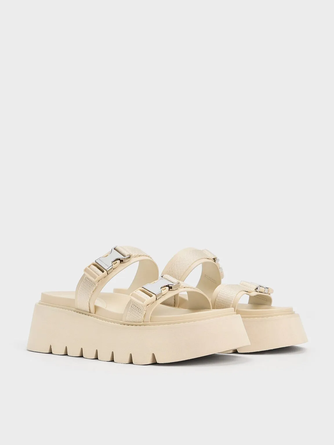 Laine Metallic-Buckle Flatform Sandals - Beige