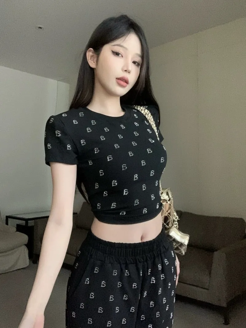 Letter hot diamond short-sleeved T-shirt top for women summer sweet and spicy suit high-waisted casual wide-leg pants two-piece 