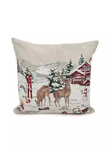 Peggy Wilkins Winter Wonderland Mountain Ski Scene Woven Tapestry 45x45cm Cushion | Kaleidoscope