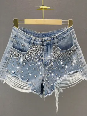 Ripped wide-leg denim shorts for women 2024 summer new high-waisted loose slimming European station heavy-duty diamond-encrusted