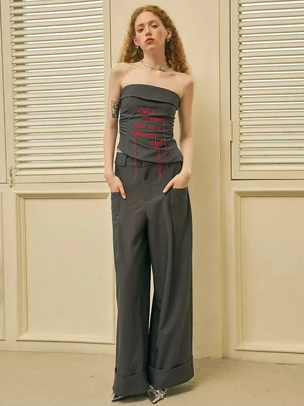 Tassel Letter Embroidery Bare-top & Wide-Leg Pants